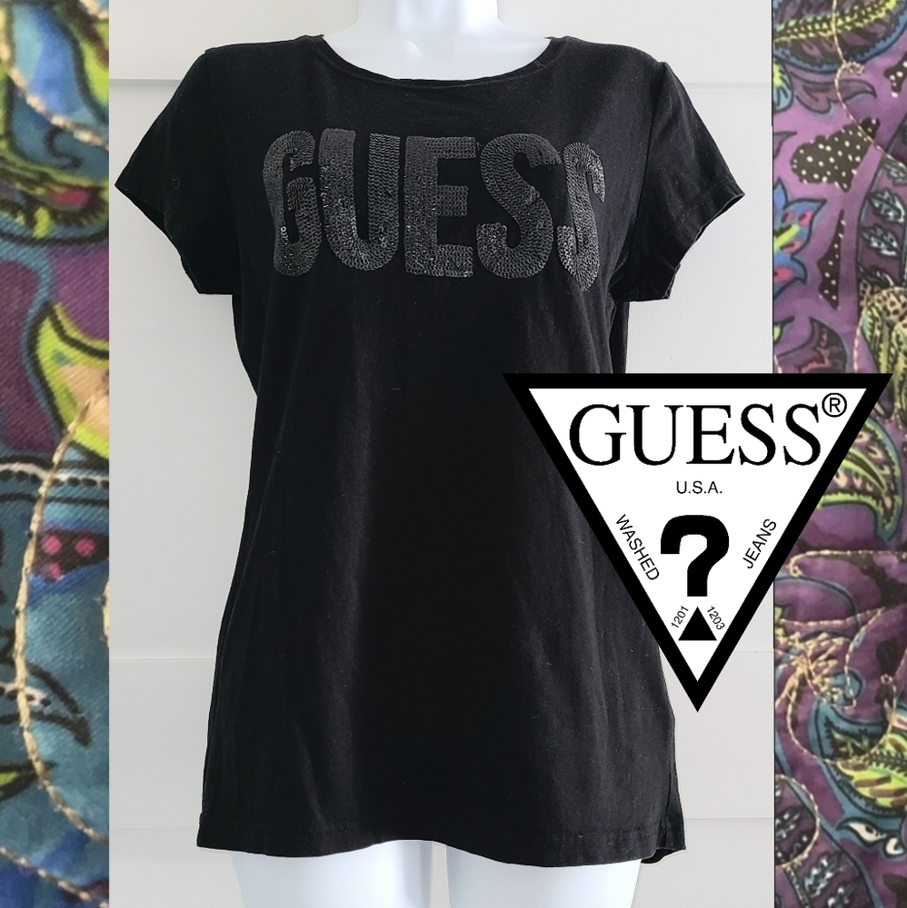 NWOT Guess T-shirt Black Sequin Logo